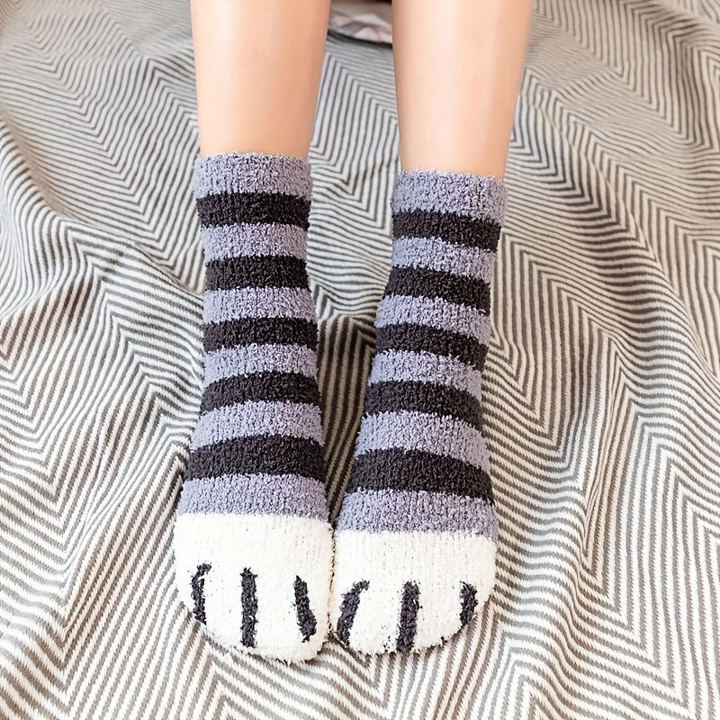 3 Pairs Cat Claw Print Socks Fuzzy & Warm Women's Stockings