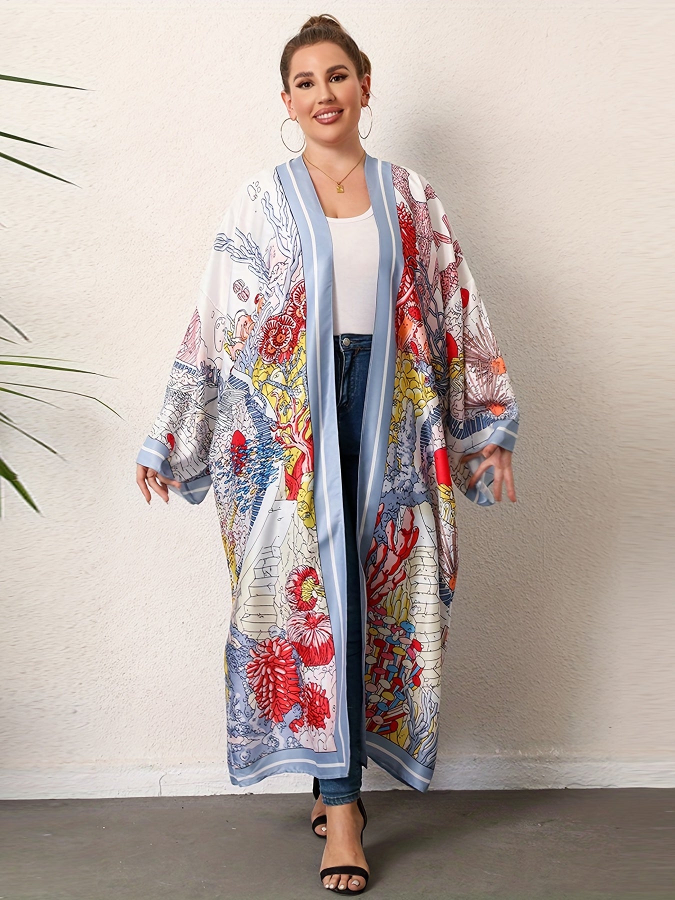  Boho Kimono Women's Plus Painting Print Long Sleeve Open Front