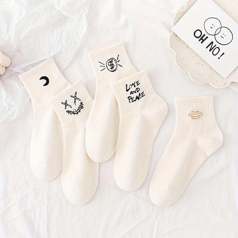 5 Pair Cartoon Print Socks Mid Tube Stockings
