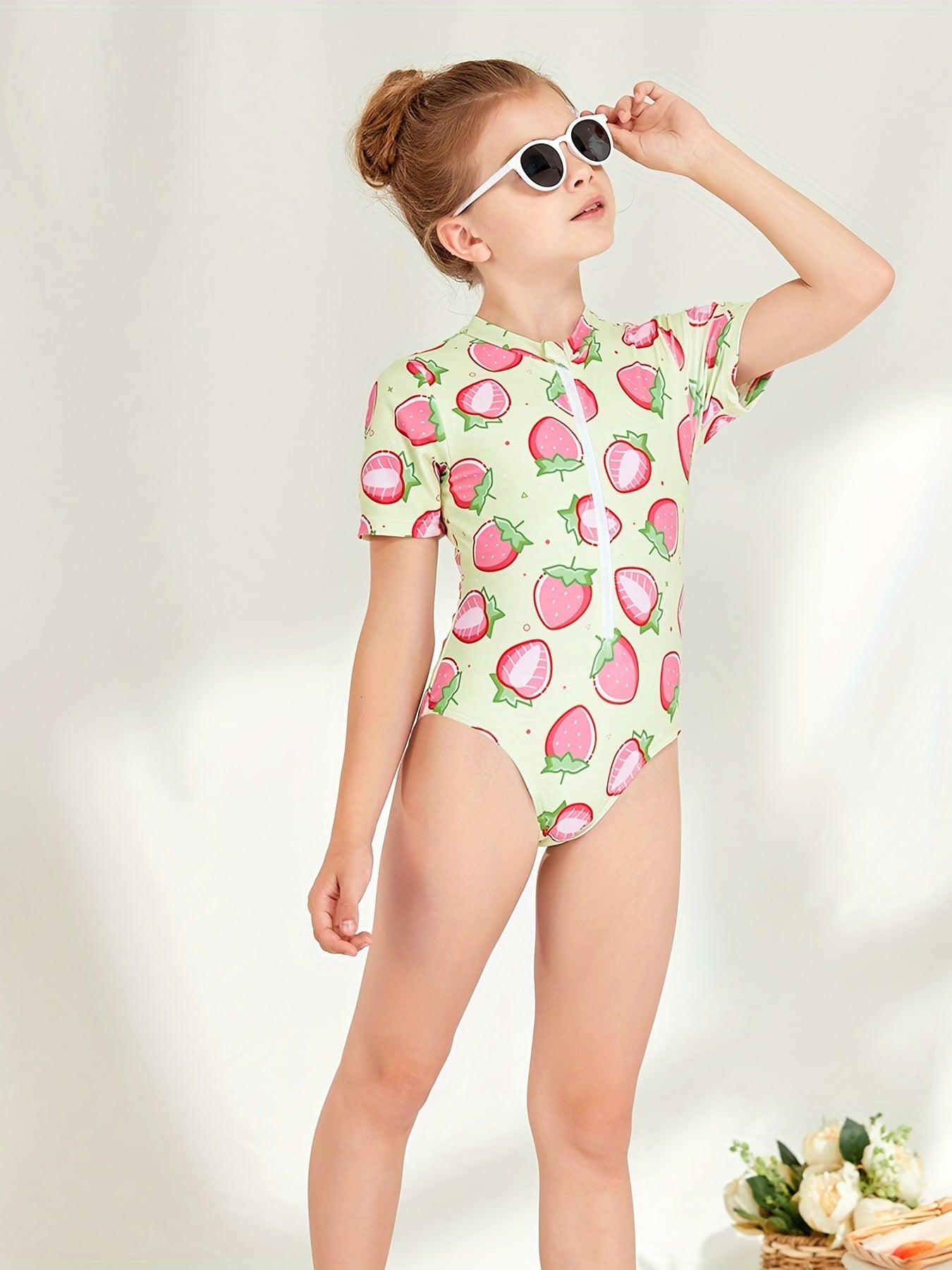 Girl's Strawberry Pattern Onesie Swimsuit Tankini Short Sleeve Bathing Suit