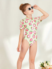 Girl's Strawberry Pattern Onesie Swimsuit Tankini Short Sleeve Bathing Suit