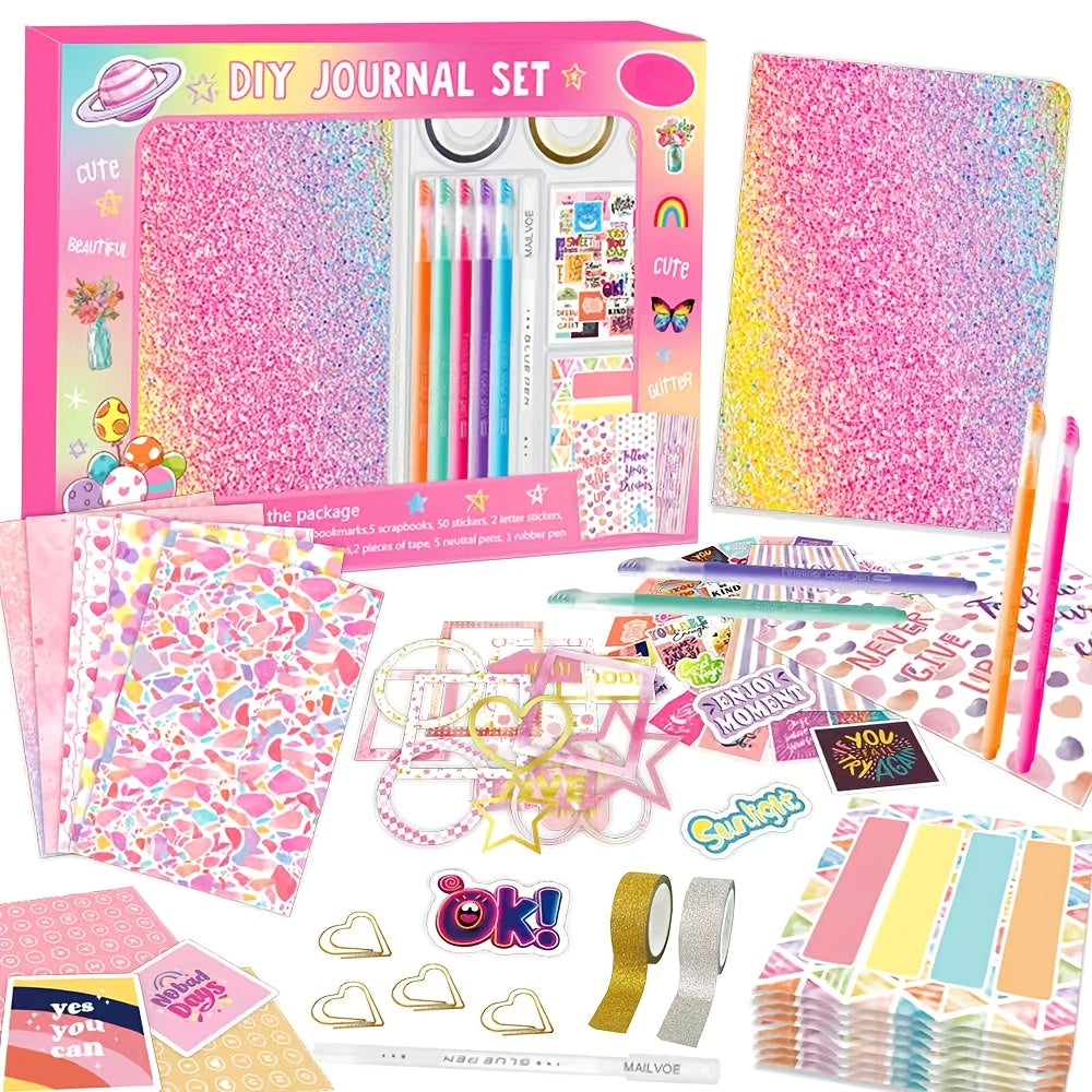 91pcs Girls' DIY Journal Kit Pink Glitter Cover Writing Set