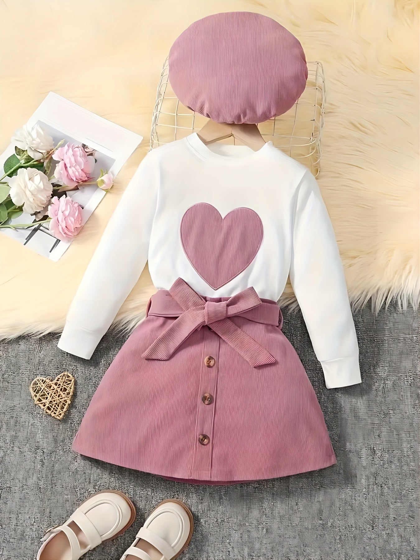 Girl's 3pcs Corduroy Heart Top & Beret & Skirt Set for Spring Fall