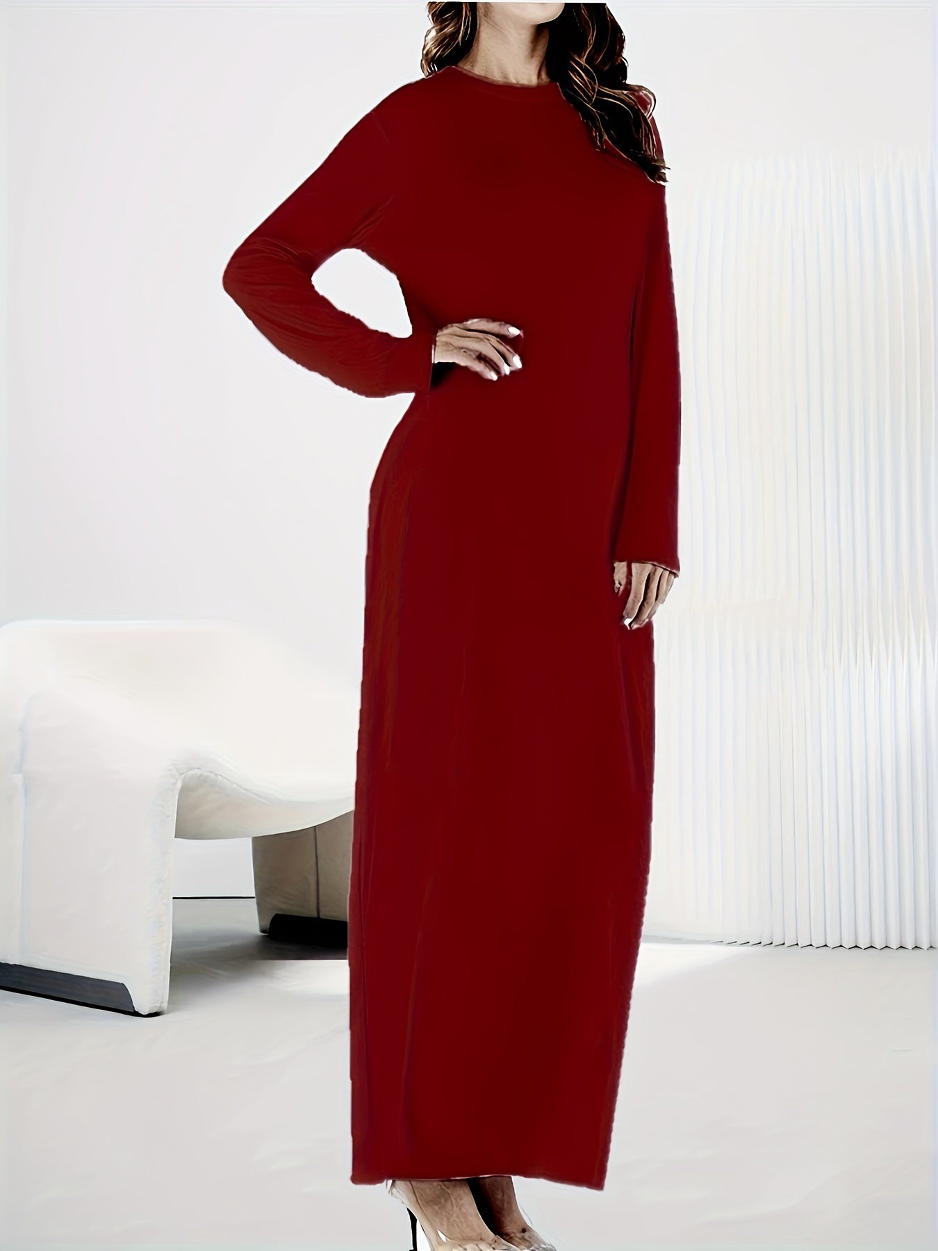  Casual Maxi Dress Solid Long Sleeve Round Neck Stretch