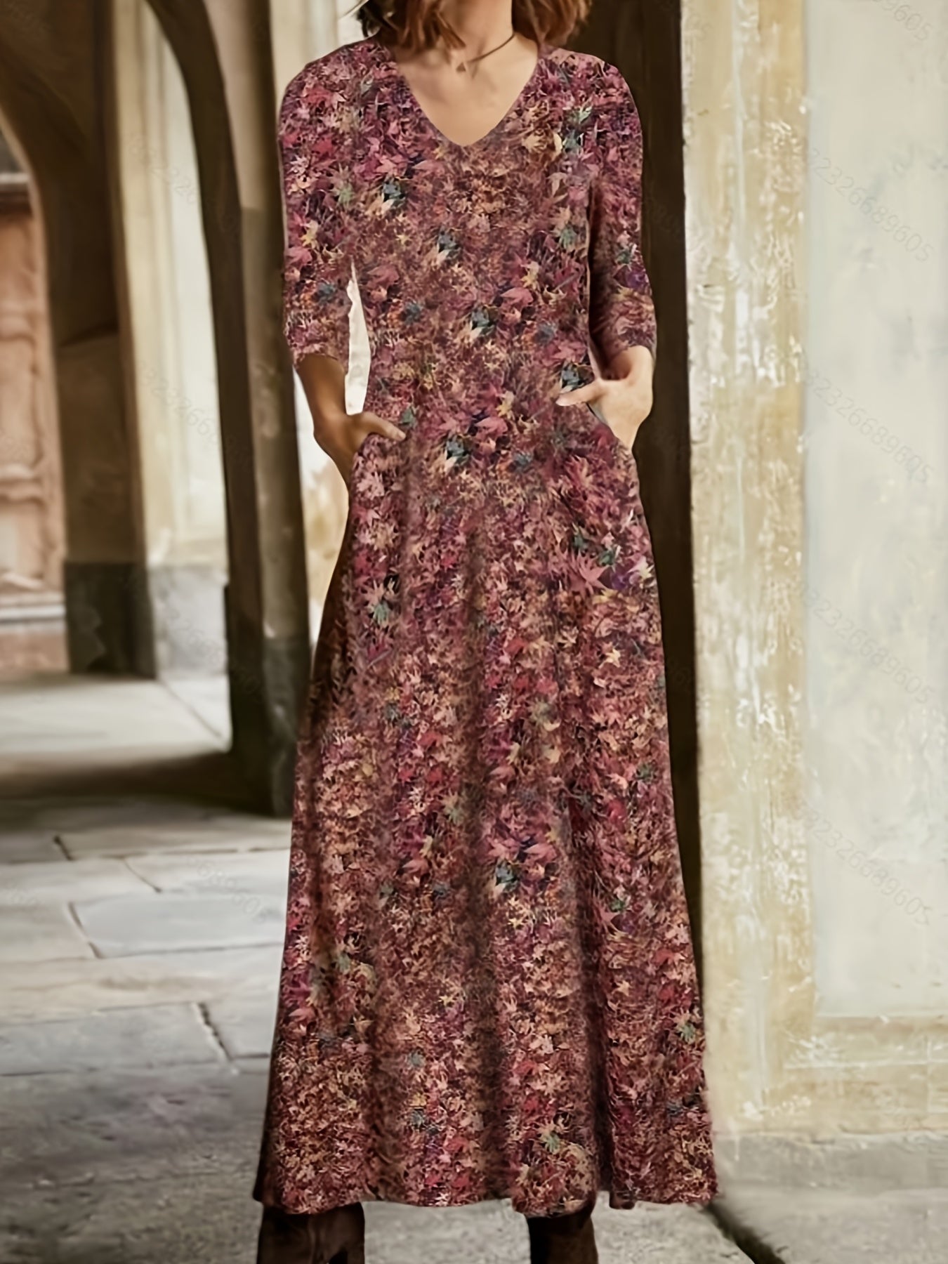 Plus Size Long Sleeve V Neck Maxi Dress With Pockets