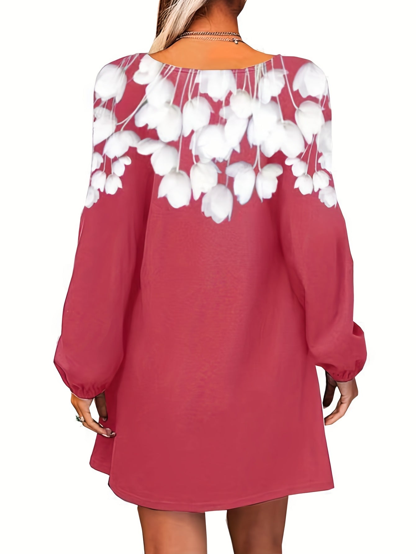 Floral Print V Neck Dress Long Sleeve Dress for Spring & Fall
