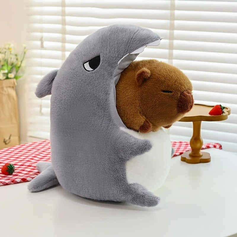 Shark Plush Toy with Capybara in Mouth Stuffed Animal Doll for Home Decor