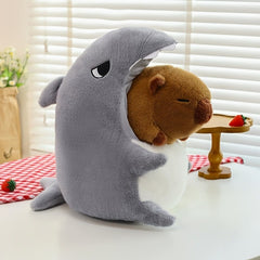 Shark Plush Toy with Capybara in Mouth Stuffed Animal Doll for Home Decor