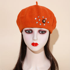 Orange Beads Flower Beret Cap Women Warm Elastic Berets Beanie