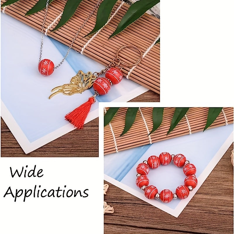 40Pcs Christmas Wood Beads 16mm Red Snowflake Pattern Wooden Spacer Beads