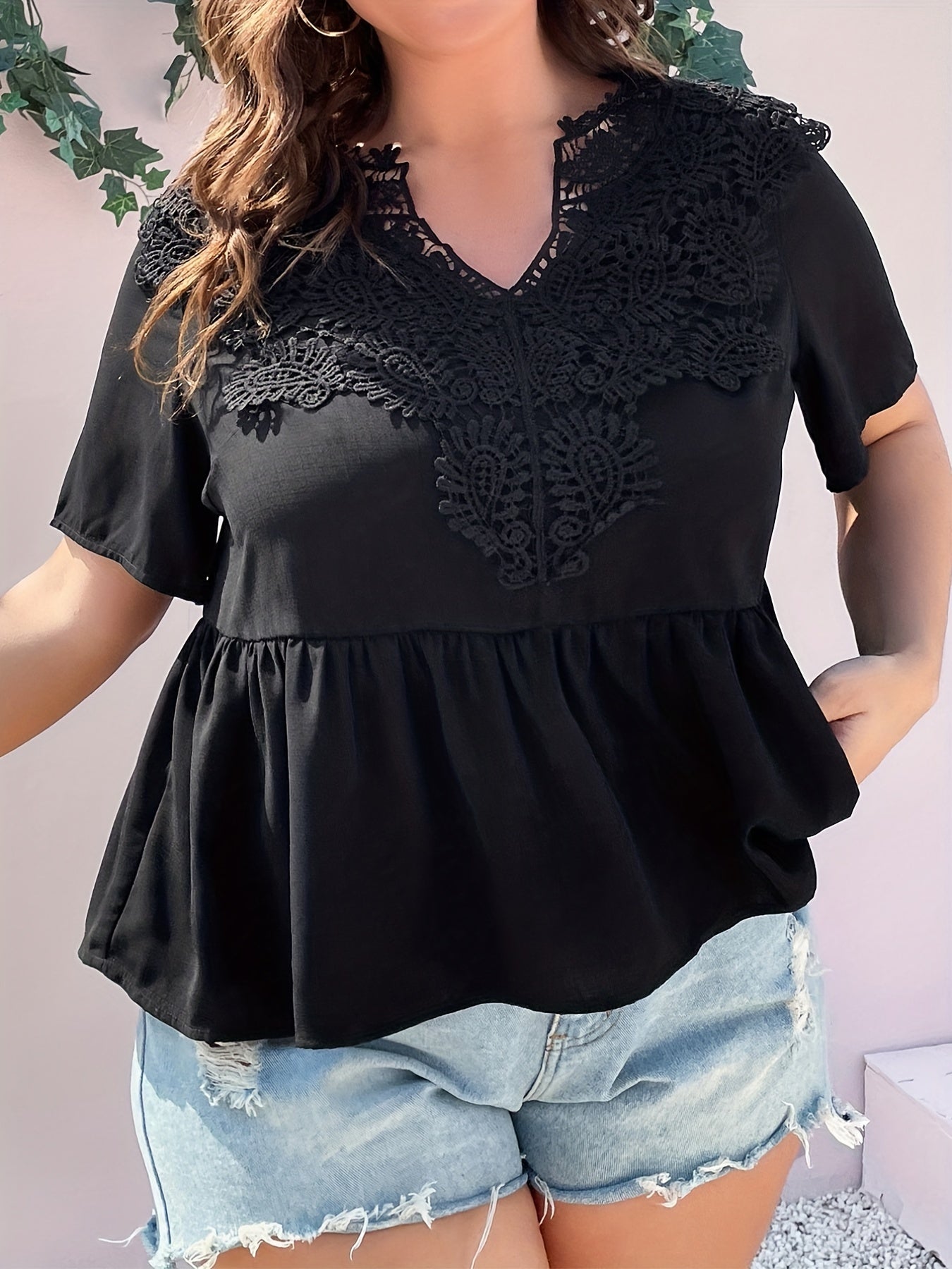  Lace Panel Short Sleeve Peplum Top