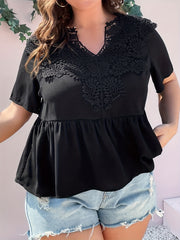  Lace Panel Short Sleeve Peplum Top