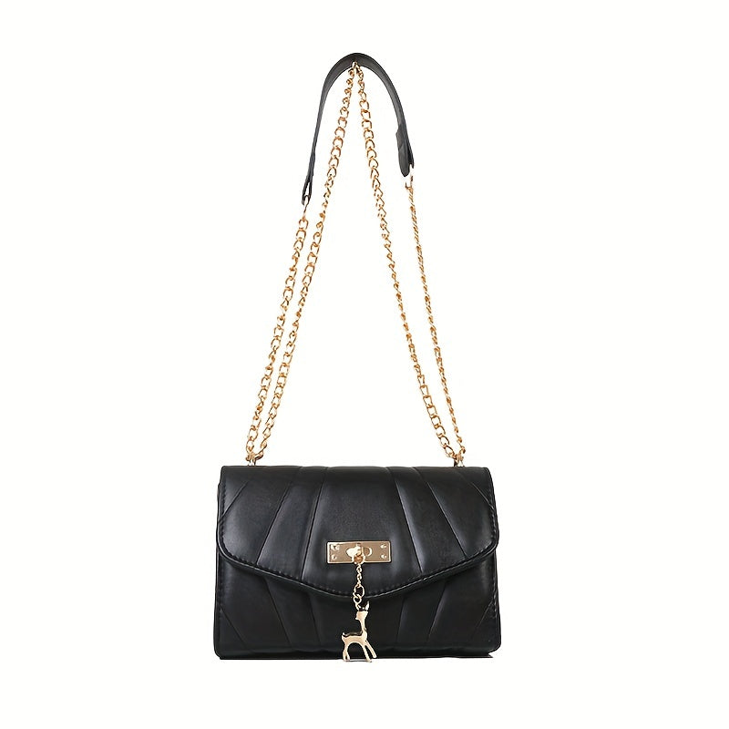 Solid Square Bag with Deer Pendant and Chain Strap