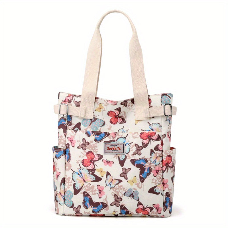 Floral Butterfly Print Tote Bag Large Capacity Shoulder Bag