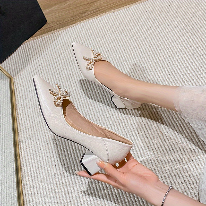 Women's Mid Heel Pearl Bow Slip-On Pumps Work Heels