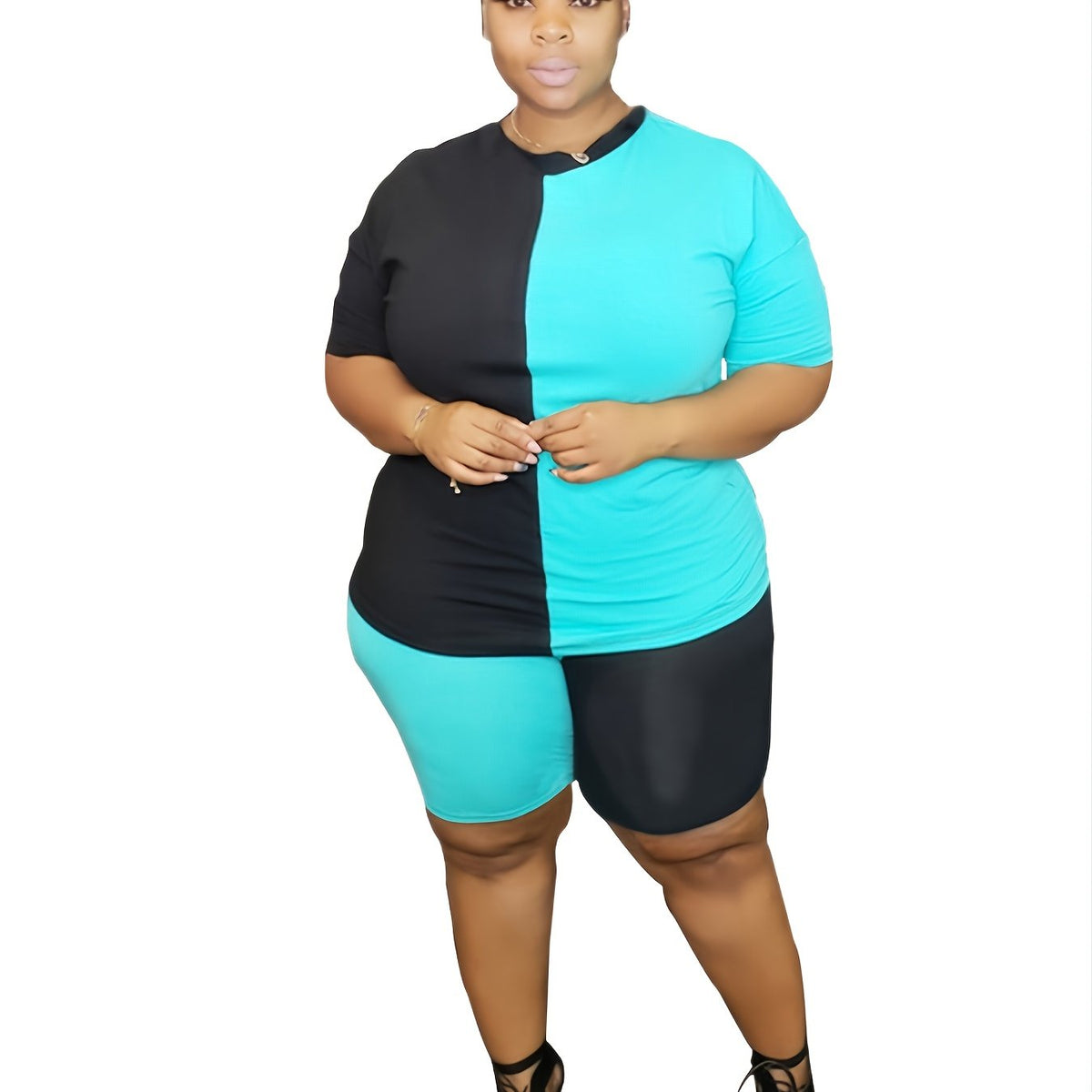  Colorblock Tee & High Waist Shorts Set Women's Co ords Two Pieces