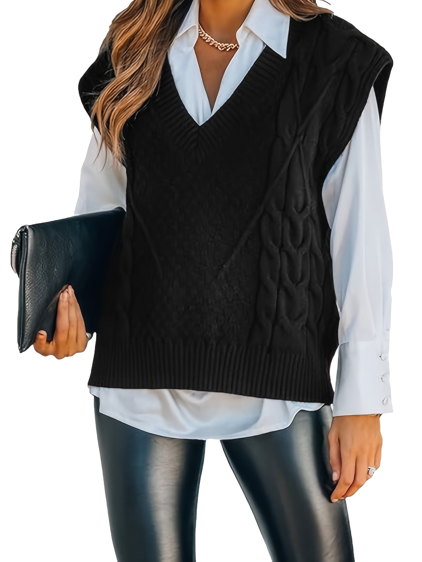  Casual Sweater Vest Women's Plus Knitted V Neck Medium Stretch
