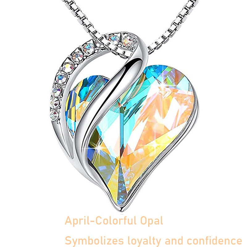 12 Months Birthstone Love Heart Pendant Necklace Jewelry Gift For Women