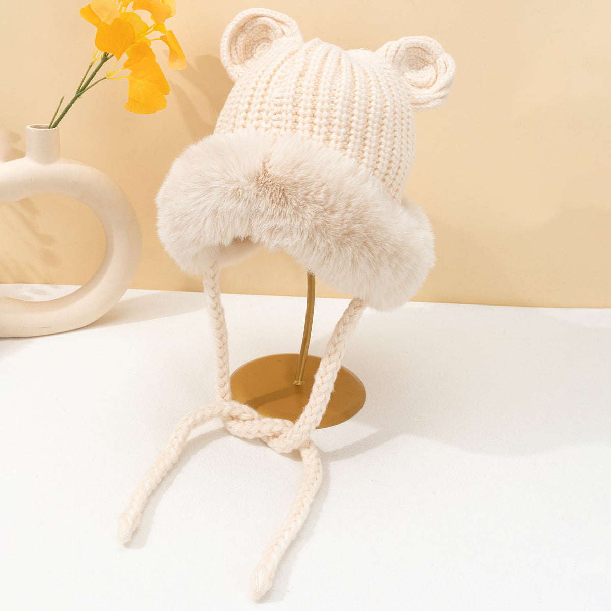 Woolen Knit Hat Winter Ears Braids Plush Cap Keep Warm