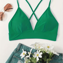 High Strech V Neck Lingerie Bra Solid Swimsuit Top