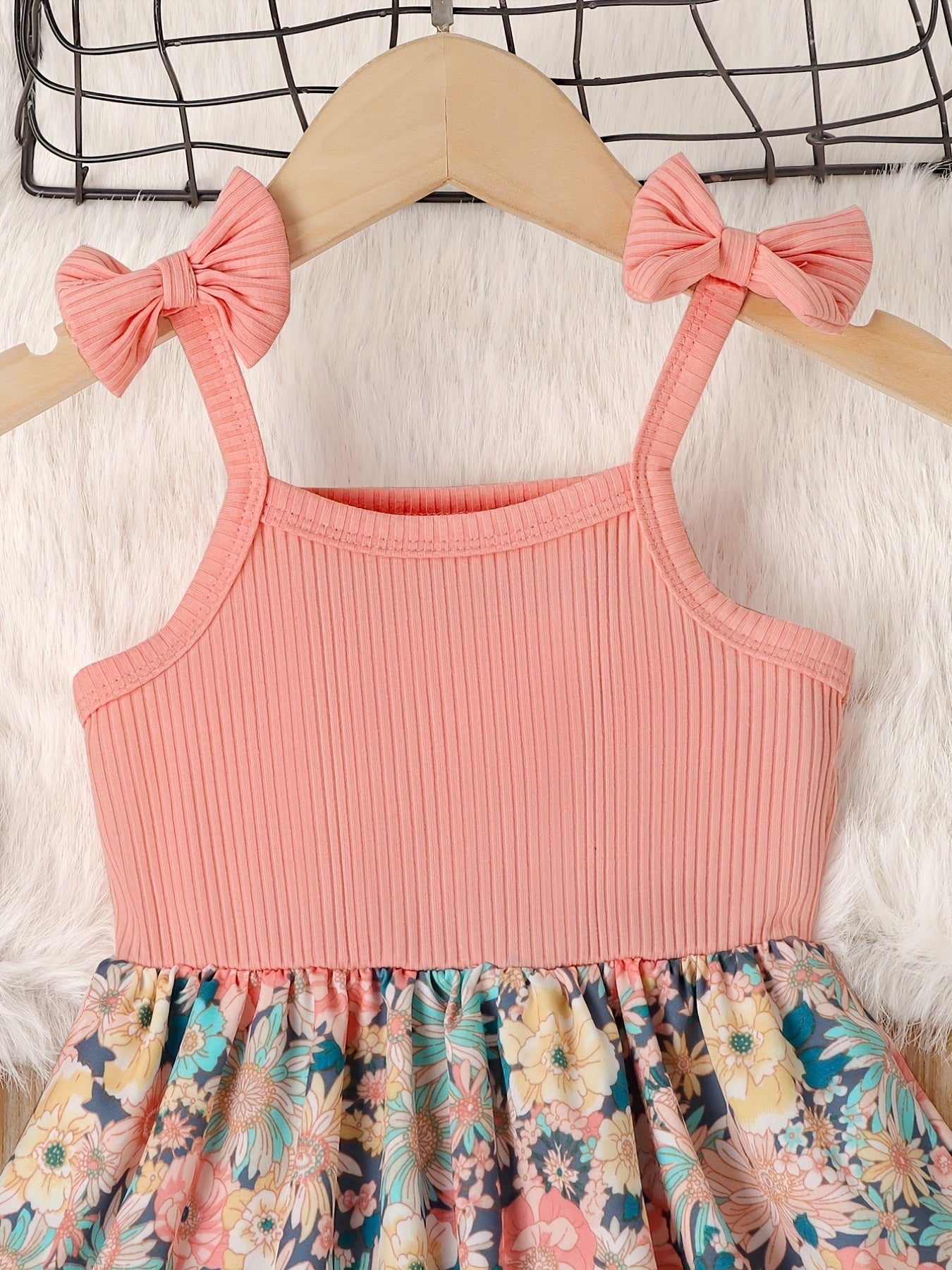 Girl's Butterfly Bow Tie Shoulder Splicing Flower Pattern Suspender Dress
