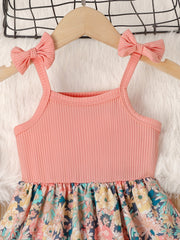 Girl's Butterfly Bow Tie Shoulder Splicing Flower Pattern Suspender Dress
