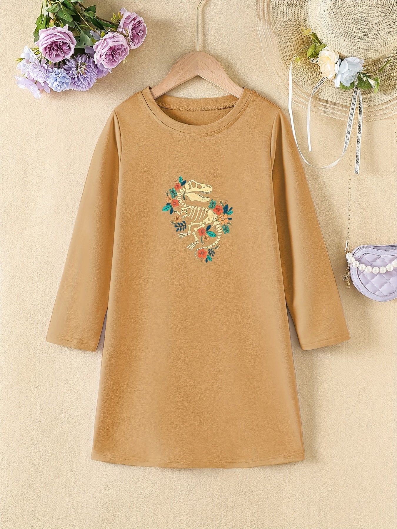 Girls' Floral Dino Bones Print Long Sleeve A-line Dress