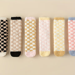 6 Pairs Plaid Fuzzy Socks for Women, Comfy & Warm Crew Floor Socks