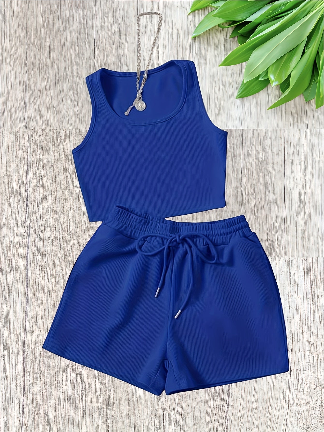  Ribbed Tank Top & Drawstring Shorts Set