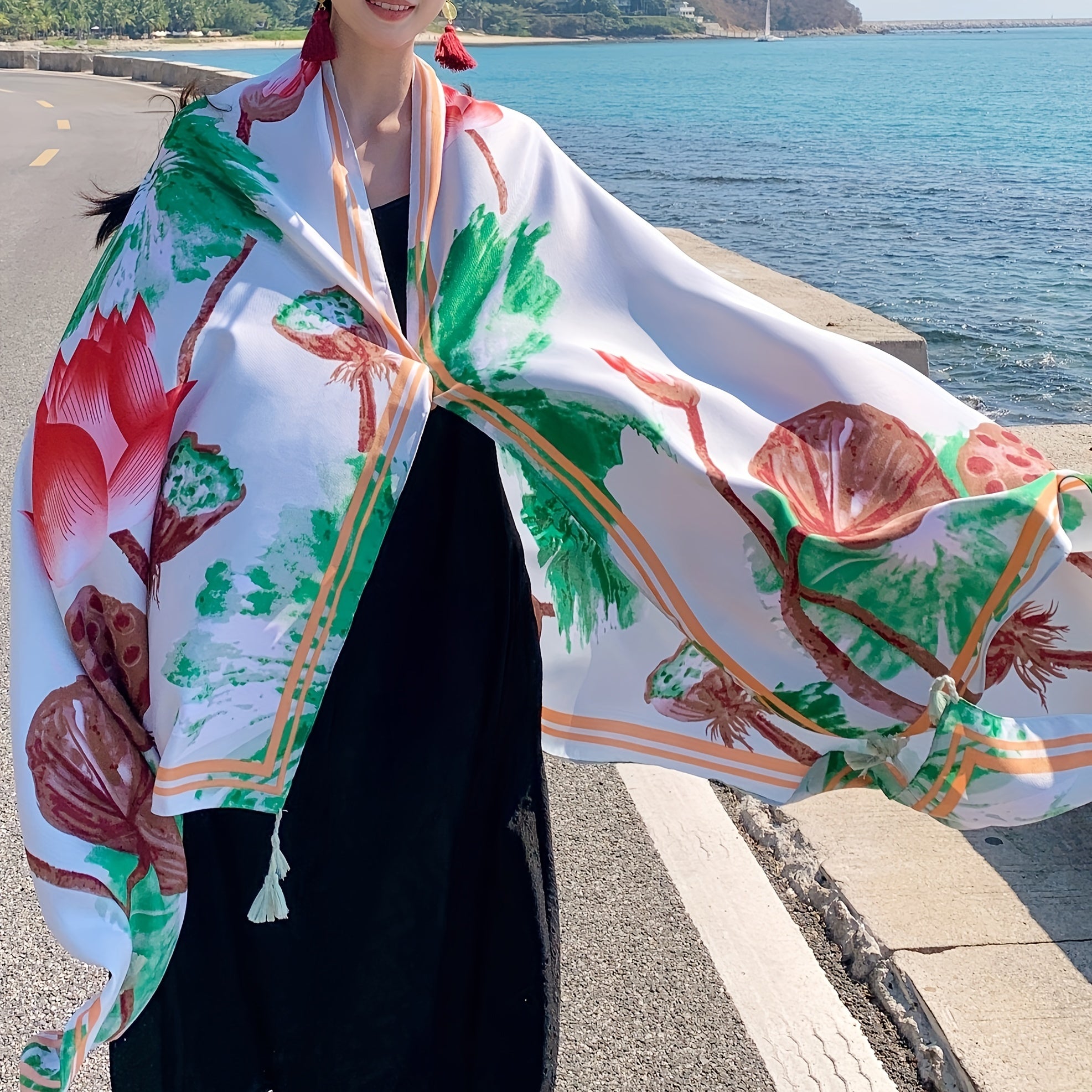 Green Tassel Scarf Classic Lotus Print Shawl Sunscreen Head Wrap