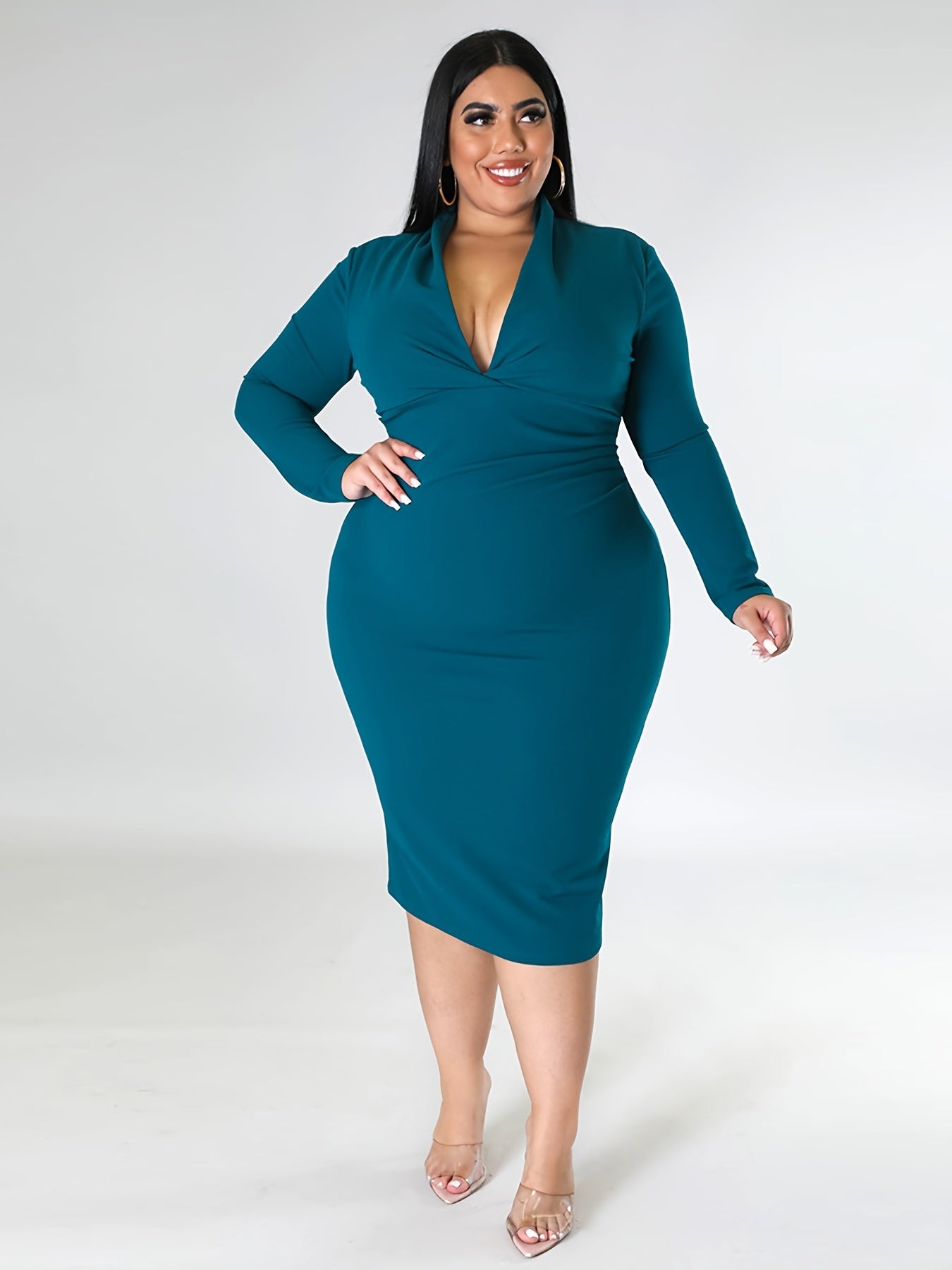  Solid Long Sleeve V Neck Slim Fit Midi Dress Women's Plus