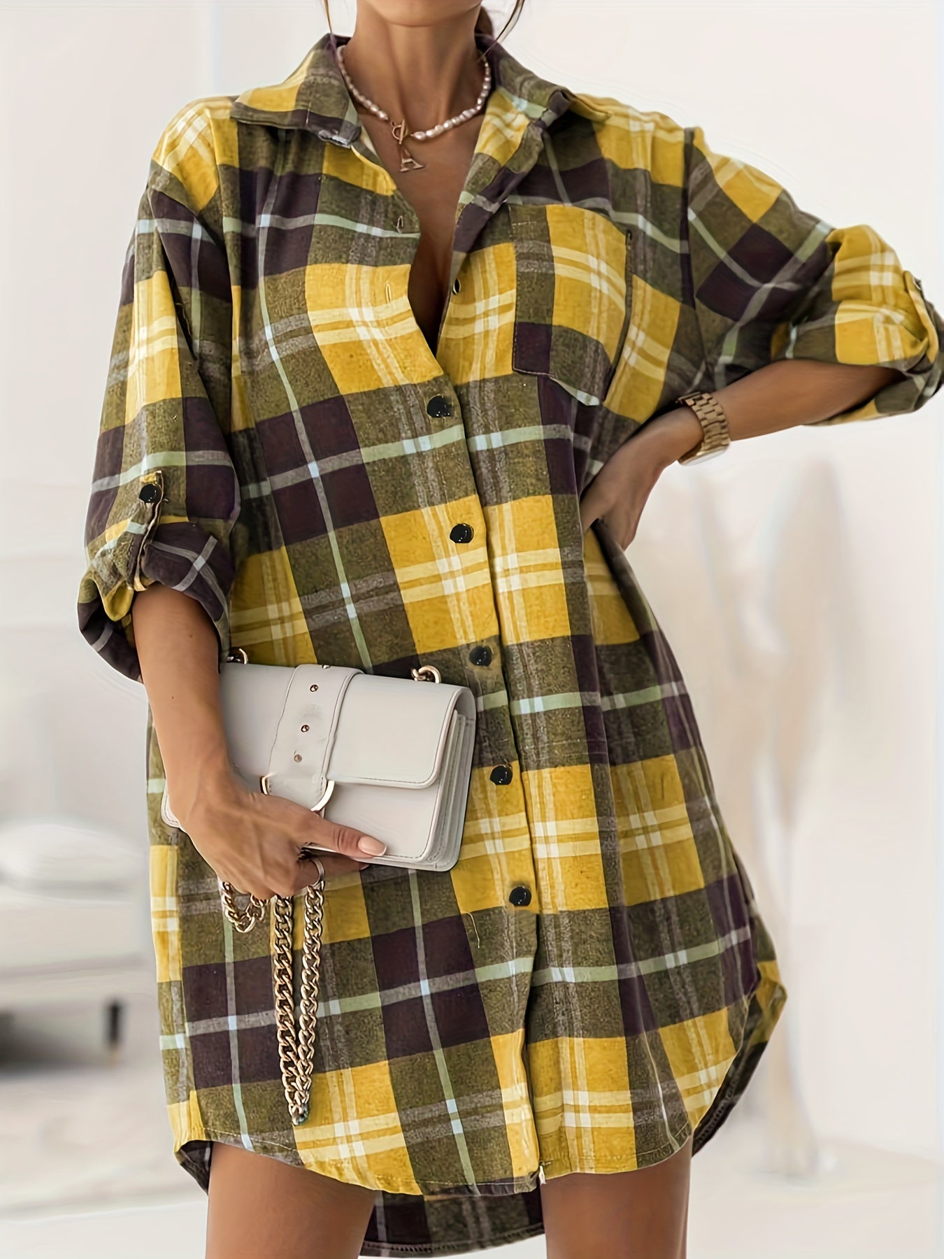  Plaid Print Long Shirt Button Front Collar