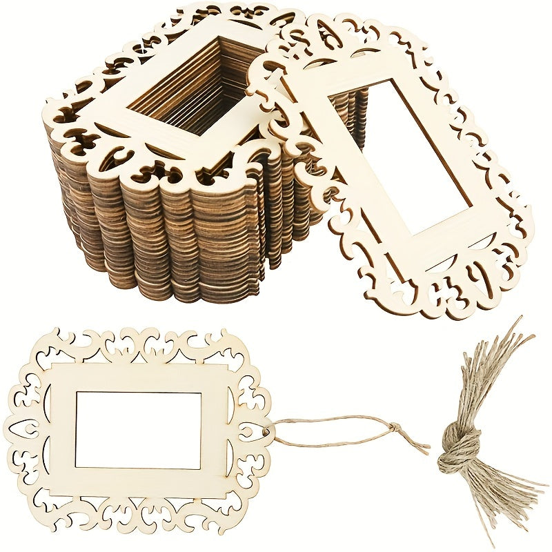 10pcs Unfinished Wooden Picture Frames DIY Ornaments + Jute Rope 11.94x16.0cm
