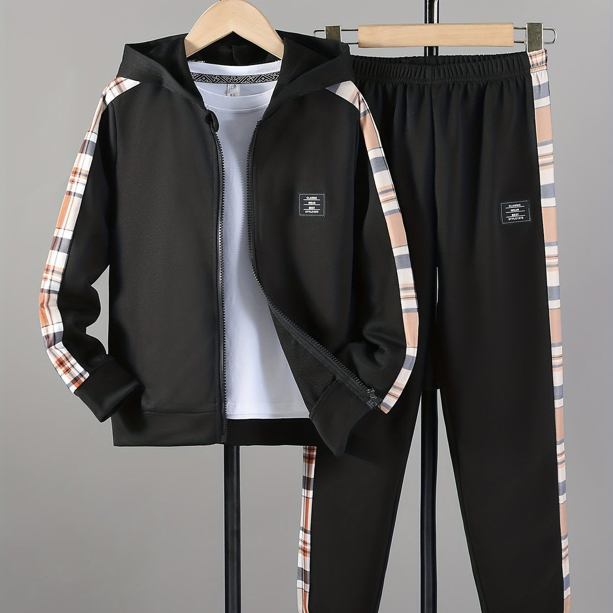 Boy's Stylish Hooded Jacket & Pants Set Zip Up Plaid Patched Outfits