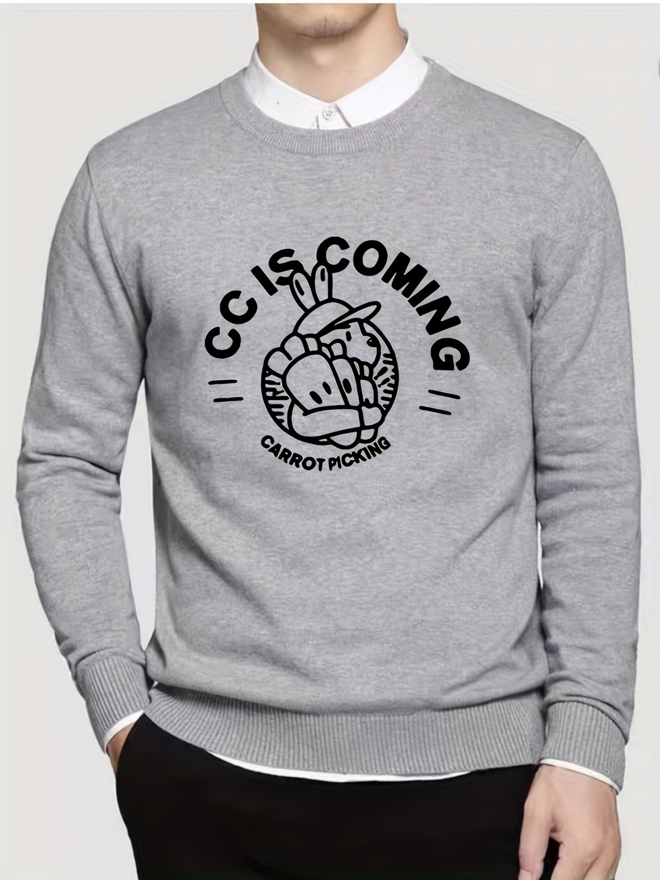 Cartoon Rabbit Print Knit Sweater Men's Crew Neck Pullover