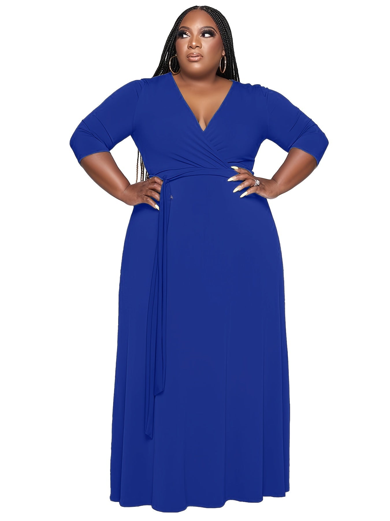  V Neck 3/4 Sleeve Maxi Dress With Belt Women's Plus Casual Long Dress