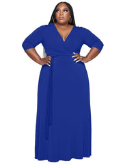  V Neck 3/4 Sleeve Maxi Dress With Belt Women's Plus Casual Long Dress