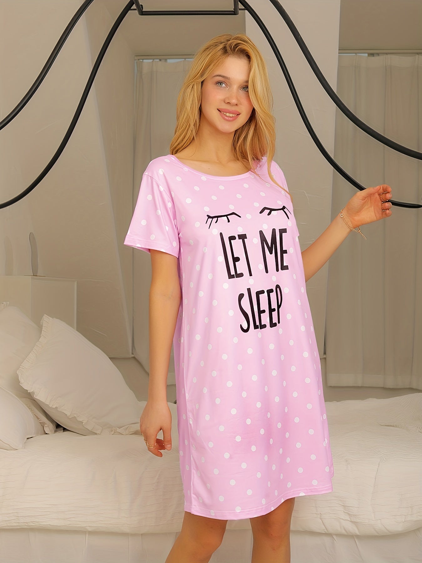 Polka Dot NightDress Short Sleeve Crew Neck Pajama Dress
