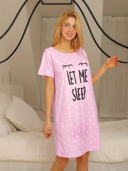 Polka Dot NightDress Short Sleeve Crew Neck Pajama Dress