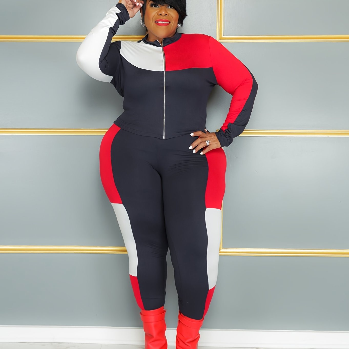  Colorblock Zip Coat & Sweatpants Set
