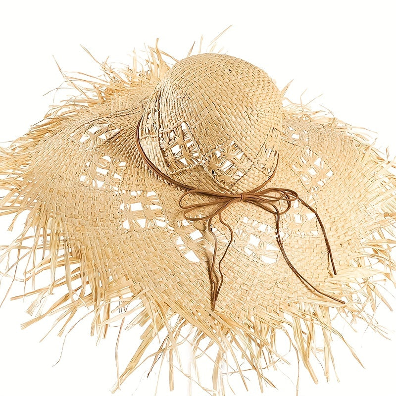 Women's Apricot Raffia Straw Hat Frayed Hand Woven Beach Sun Hat