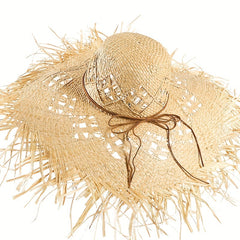 Women's Apricot Raffia Straw Hat Frayed Hand Woven Beach Sun Hat