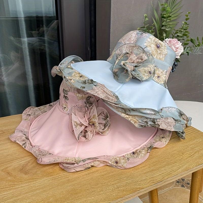 Flower Printed Ruffles Sun Hat Wide Brim UV Protection Bucket Hat