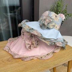 Flower Printed Ruffles Sun Hat Wide Brim UV Protection Bucket Hat