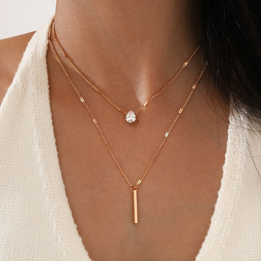 Double Layer Water Drop Shape Rhinestone Tassel Necklace Set