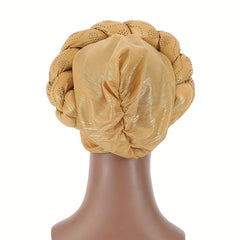 Golden Twist Braided Turban Cap Rhinestone Decor Head Wrap Hijab Hats