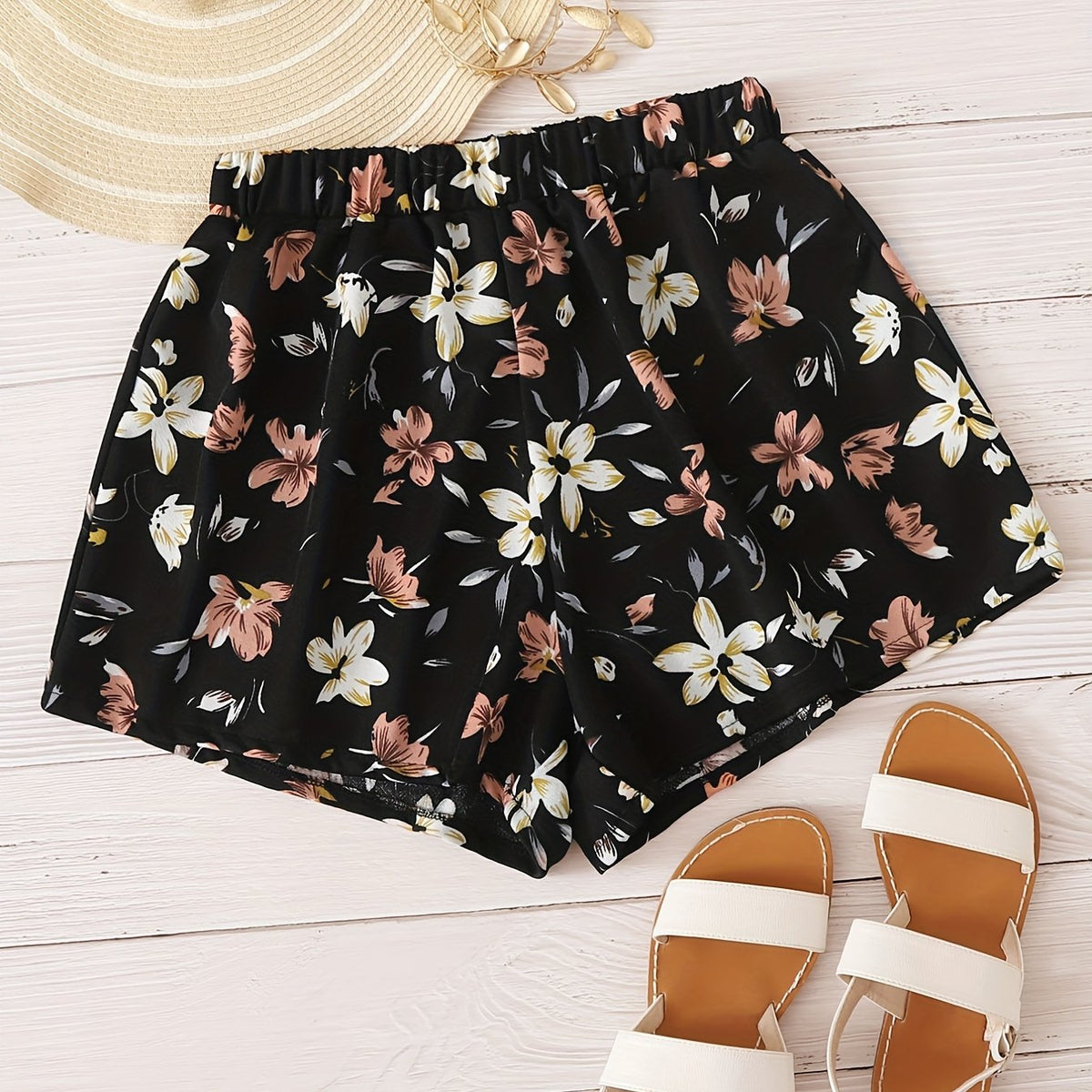 Floral Print Elastic Waist Shorts Boho Shorts For Spring & Summer Women's