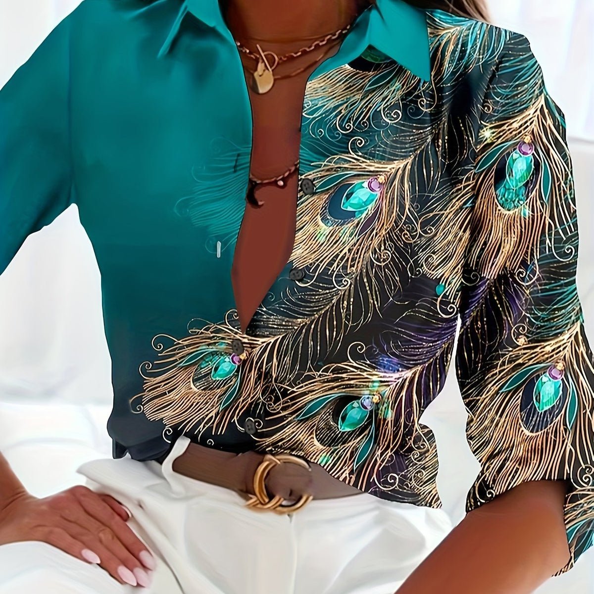  Peacock Print Button Up Long Sleeve Blouse