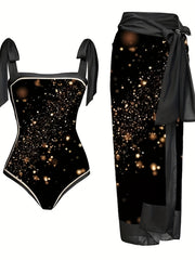 Glitter Star Print One Piece Bathing Suit & Sarong Cover Up Set