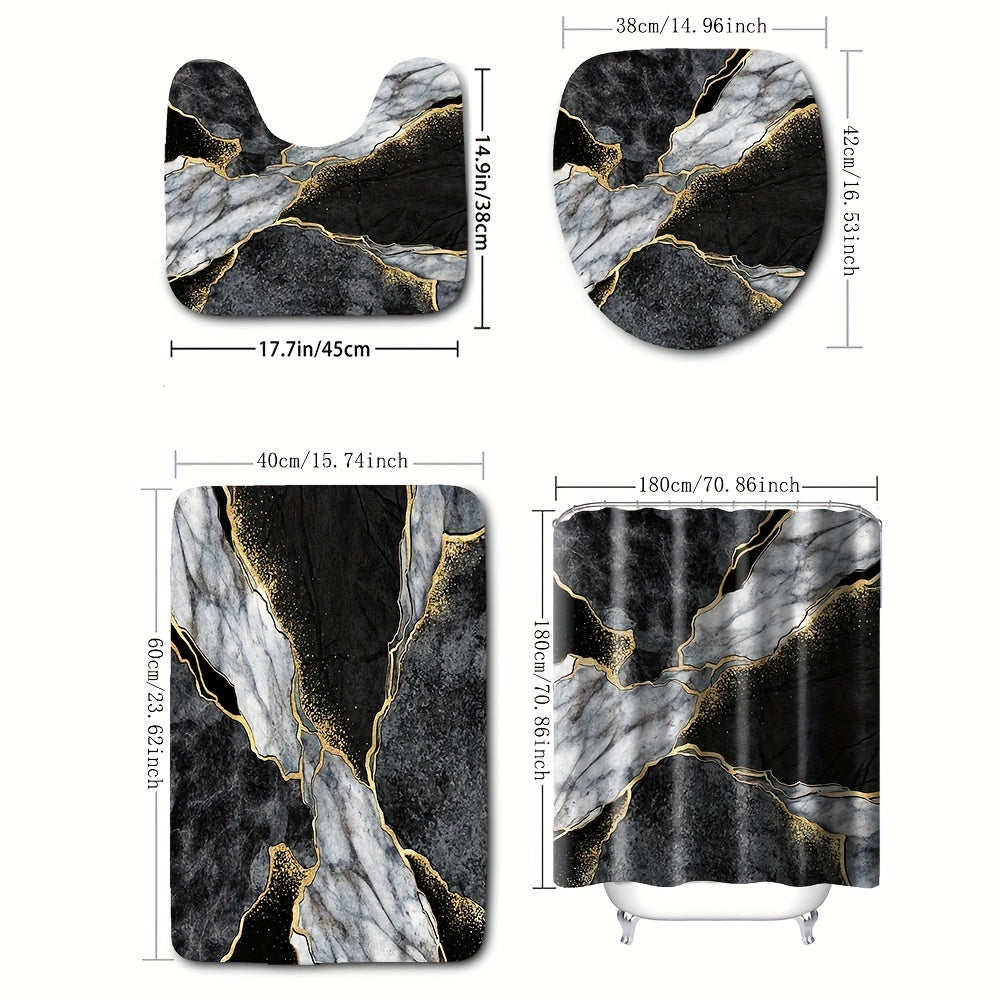 Marble Pattern Shower Curtain Set with 12 Hooks and Non Slip Bathroom Rug